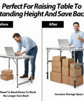 Before and after images showing Heavy Duty Folding Table Leg Extenders Four Pack Adjustable Table Risers in use for ergonomic height.