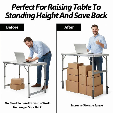 Before and after images showing Heavy Duty Folding Table Leg Extenders Four Pack Adjustable Table Risers in use for ergonomic height.