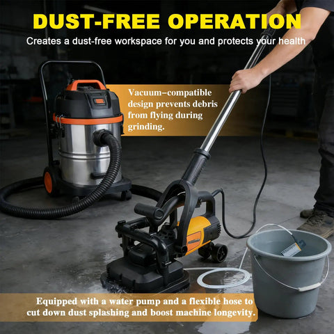 Four Head Concrete Grinder Set With Long Handle 4 Inch Diamond Wheels 3800W High Power 0 To 6000 RPM Concrete Floor Grinder Dust Extraction Shroud Auxiliary Wheels used with vacuum and water pump in workshop