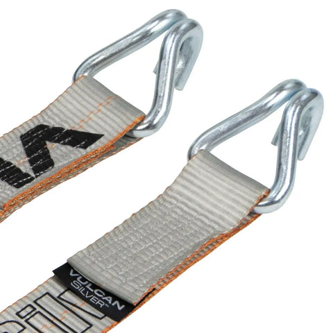 Close-up of Beefy Ratchet Straps with wire hooks from the 2 inch by 15 foot 4 pack Silver Series heavy duty tie downs.