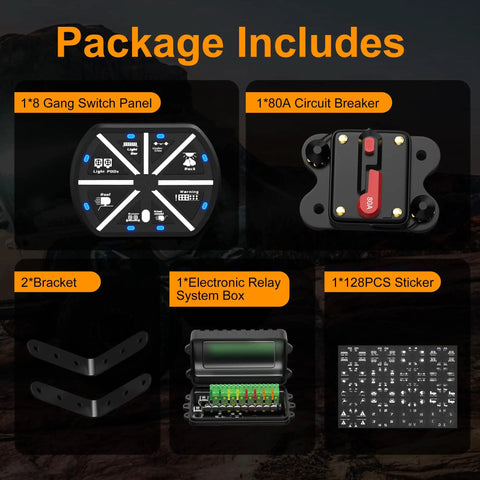 Package includes components of 8 Gang Switch Panel with Remote Wireless Control for Cars Trucks Boats UTVs SUVs RVs 12V to 24V DC 80A Max 1200W Blue LED 8 In 1 Universal Relay System Built For Any Ride
