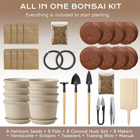 Indoor Bonsai Seed Starter Kit With Drainage Pots, 8 Tree Varieties and tools displayed, including pots, soil discs, and gardening tools.