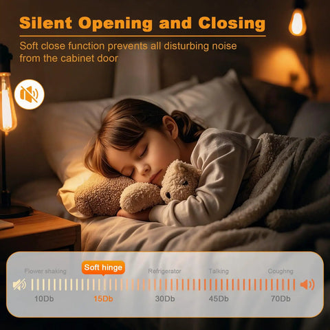 Child sleeping peacefully in bed with teddy bear illustrating silent function of Heavy Duty 10 Pack Soft Close Cabinet Hinges 1 1/4 Inch Overlay.