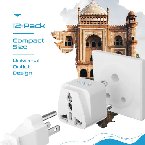 Universal Travel Plug Adapter Set With Types A Through M Plugs, 12 Pack, displayed with Type D adapter, Indian architecture backdrop.