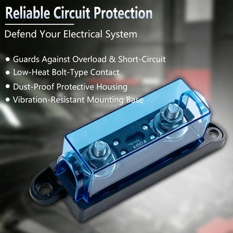 Rock Solid ANM Bolt On Fuse Holder Block 60 Amp Rated 12 To 48 Volt DC Circuit Protector With Clear View Window, detailed close-up.