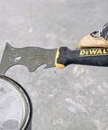 9-In-1 Painter's Tool With Straight And Curved Scrapers, Gouger, Roller Cleaner, Can Opener, Carbon Steel Blade shown opening can