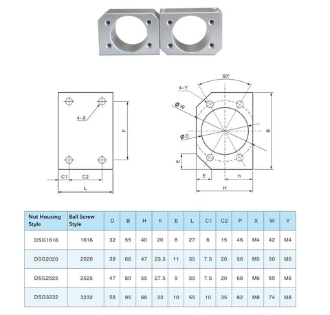Technical diagram of Durable Aluminum Ball Screw Nut Housing Bracket For RM And SFE2020, 39mm Inside Diameter, 20mm Shaft dimensions.