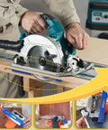 Edge Guide Positioner For Electric Circular Saw Milling in use, adjustable base clamp on wood, showcasing clean cuts.