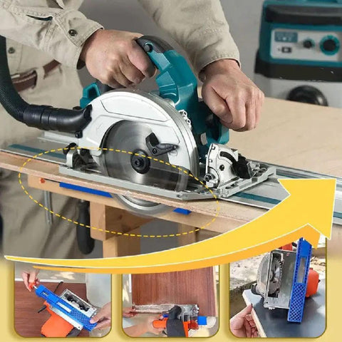 Edge Guide Positioner For Electric Circular Saw Milling in use, adjustable base clamp on wood, showcasing clean cuts.