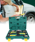 7 Piece Auto Body Repair Kit With Carbon Steel Hammer And Dolly Set For Dent Removal on car, green storage box shown.