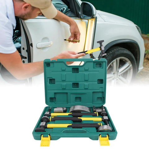 Open toolbox featuring 7 Piece Auto Body Repair Kit With Carbon Steel Hammer And Dolly Set next to car dent repair scene