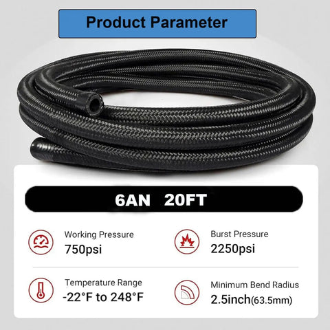 Dope 20ft Nylon Braided CPE Fuel Line Kit With Heavy Duty 6AN Fittings For High Flow Racing, Coolant Trans Oil Turbo Cooler And Car Upgrade Jobs, black hose