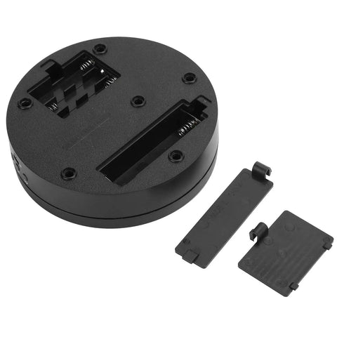 Upgrade Your Game With This Sick Electric Rotating Display Stand Boasting 3 Speeds And 4 Adjustable Angles For Showcasing Jewelry Watches And Cosmetics Like A Boss On A Sleek Black Mirror Surface Turntable Base. Black circular base with battery compartments and plastic parts.