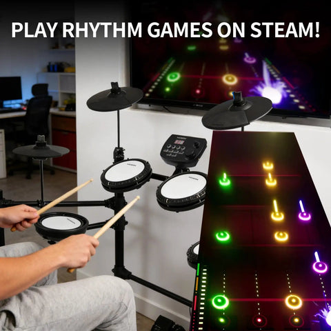 Electric Drum Set With Quiet Mesh Pads Cymbals Sticks Headphones USB MIDI Kick Pedal Over 195 Dope Sounds And 25 Drum Kits For Beginners And Home Studios Practice At Home shown with rhythm game on screen.