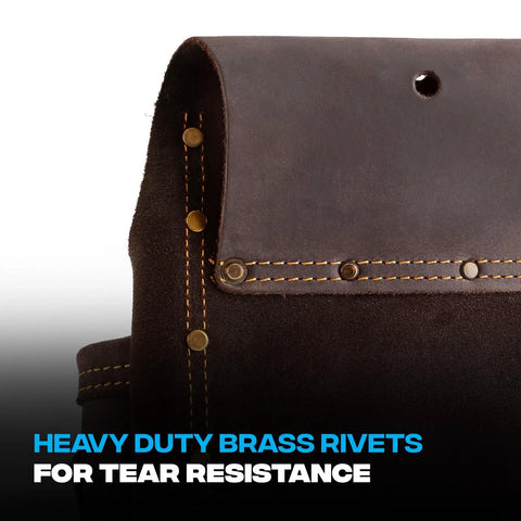 Close-up of heavy-duty rivets on Premium Leather Electrician Tool Pouch With Ten Pockets Tape Holder And 3 Inch Belt Loop