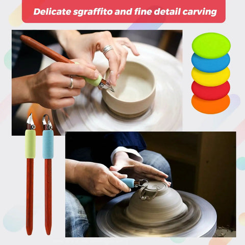 2 Pack Pottery Carving Tool Set With U And V Shaped Blades Wooden Handles And Five Colored Edge Sponges Shaping Knife For Ceramics Clay Modeling And Diy Sculpting Projects