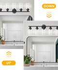 Slick Black 5 Light Vanity Fixture With Clear Glass Shades, E26 Base, Easy Install, shown with up and down mounting options