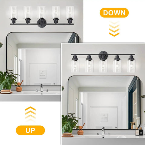 Slick Black 5 Light Vanity Fixture With Clear Glass Shades, E26 Base, Easy Install, shown with up and down mounting options