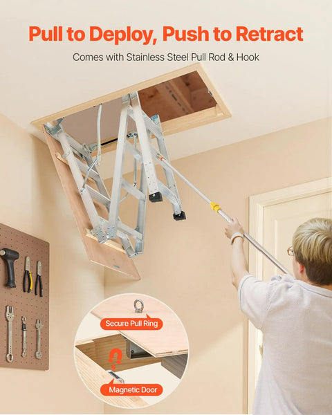 Aluminum Attic Ladder Foldable With Adjustable Heights For 7.66 To 10.3 Foot Ceilings, 54 By 22.5 Inch Opening, 375 Lb Load Capacity, Lightweight Portable Stairs For Super Handy Easy Home Access And Storage, shown with pull rod