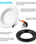Go-To 4 Inch LED Recessed Can Lights Dimmable Downlights With CCT Switch 2700K To 5000K, components details with black trim