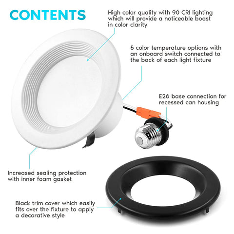Go-To 4 Inch LED Recessed Can Lights Dimmable Downlights With CCT Switch 2700K To 5000K, components details with black trim