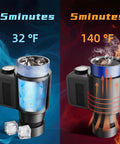 Road Warrior Ready 2 In 1 Car Heating Cooling Cup showing cooling and heating settings with ice and steam effects.