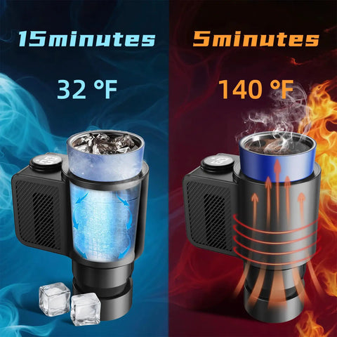 Road Warrior Ready 2 In 1 Car Heating Cooling Cup showing cooling and heating settings with ice and steam effects.