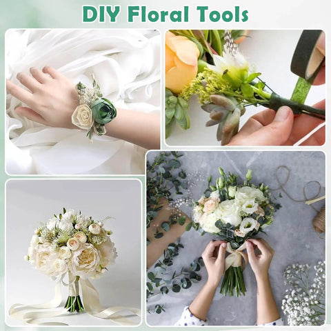 DIY floral arrangement with Must Have Floral Arrangement Tool Kit With Green Floral Tape And Wire, Corsage Pins, Satin Ribbon.