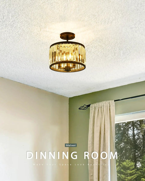 Semi Flush Mount Ceiling Light Fixture With 11 Inch Crystal Beads, 3 Light Modern Lamps In Matte Black Finish For Bathroom, Dining Room, Hallway And Bedroom, Glam Crystal Chandelier Style Home Lighting
