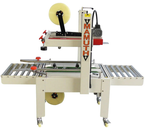 Versatile Case Sealer And Adjustable Top And Bottom Tape Dispenser Zero Stress Smooth Operator For Custom Shipping Boxes on a packing table.