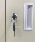 Close-up of lock and handle on 60 Drawer Hardware Organizer Cabinet With Door Storage For Small Parts And Tools Sturdy Steel Parts Box Chest