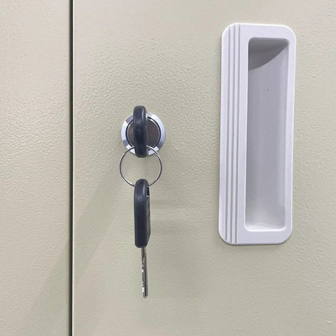 Close-up of lock and handle on 60 Drawer Hardware Organizer Cabinet With Door Storage For Small Parts And Tools Sturdy Steel Parts Box Chest