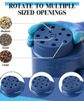 Close-up of Versatile Handheld Spreader Set With Scoop And Gloves showing 12 adjustable holes and 2L capacity.