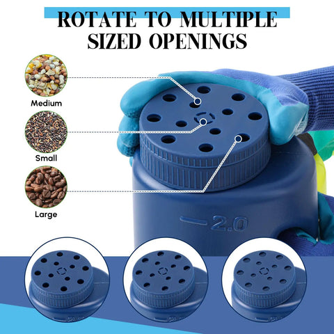 Close-up of Versatile Handheld Spreader Set With Scoop And Gloves showing 12 adjustable holes and 2L capacity.