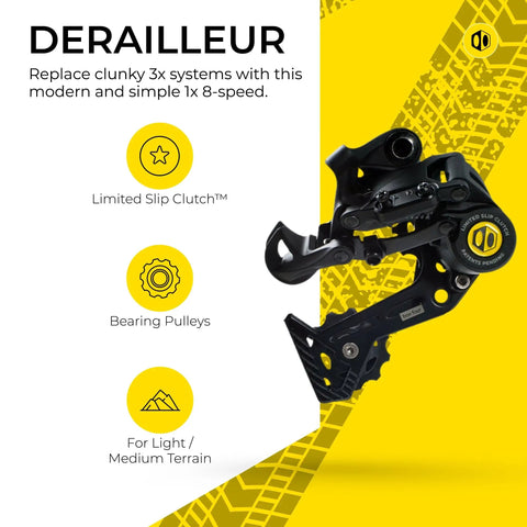 8 Speed Multi Shift Mountain Bike Groupset Beefed Up Kit With Wide Rear Derailleur Shifters Cassette 11 To 42T Chain 116 Link And Shift Housing For Smooth Durable Gear Changes Drivetrain Upgrade displaying wide rear derailleur on yellow background.