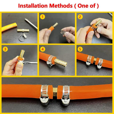 Installation steps for Three Pack 1/2 Inch Brass Hose Barb Splicer Mender Kit With Six Stainless Steel Pipe Clamps for water, fuel, air lines.