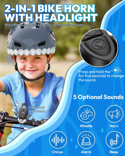 Kids Bike Horn With Light 2 In 1 Electric Horn And Headlight IPX5 Waterproof 400 Lumen Rechargeable Bicycle Light Loud Horn For Boys And Girls Fits Most Bicycles And Scooters Black