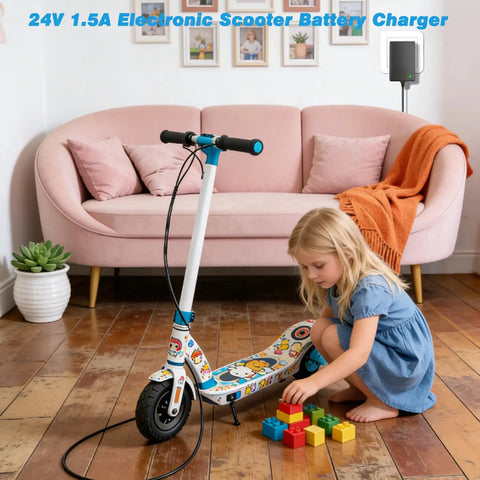 Child playing near scooter charging with 24V 1.5A Replacement Go To Charger For MX350 Dirt Bike MX400 Dirt Rocket Pocket Mod E-scooters