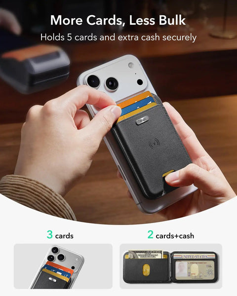 MagSafe Wallet With Find My For iPhone 17e 17 16 15 14 13 12 Series 5 Card Holder RFID Blocking Black on iPhone showing 3 cards inserted