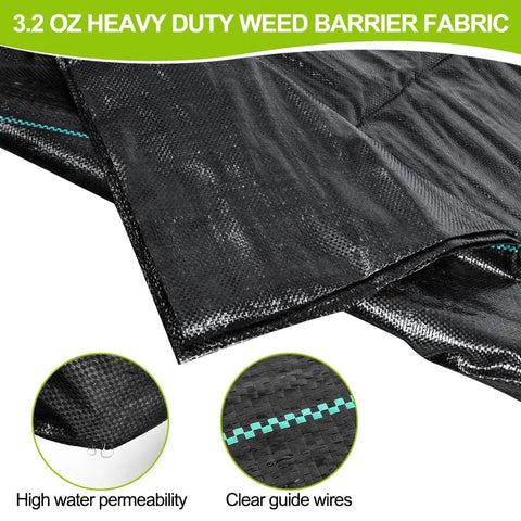 Close-up of Heavy Duty Woven Weed Barrier Landscape Fabric 4ft by 50ft Black Geotextile with guide wires and texture detail.