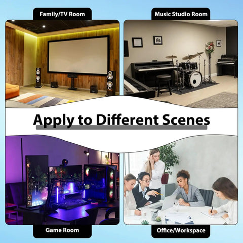 4 image collage showcasing 12 Pack Hexagon Acoustic Foam Panels Self Adhesive Sound Proof Wall Tiles in various rooms.