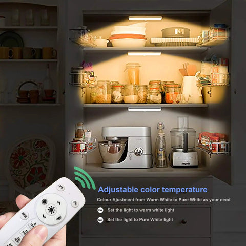 Under Cabinet Lights Wireless With Remote And Touch Control, Dimmable Battery Operated LED Closet Lights Stick On Kitchen Lighting With Timer, Multiple Color Options For Kitchen Shelves Hallways And Stairs, 4 Pack showing adjustable color temperature in use