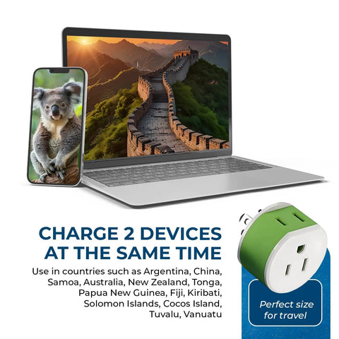 Type I Travel Power Plug Adapter With 2 USA Inputs For Australia New Zealand And China Safe Grounded 3 Pack Works With Phones Laptops Cameras CPAP And More Must Have next to laptop and phone.