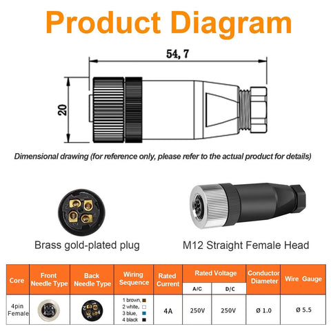 Diagram of 10 Pack M12 4 Pin Aviation Connector Female A Code IP67 Waterproof Field Assembly Plug, showing dimensions and specifications