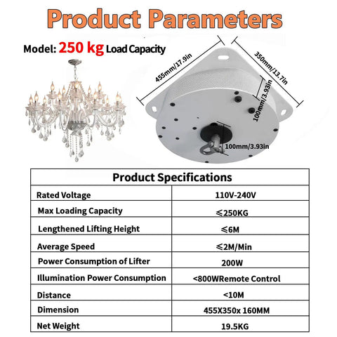 Heavy Duty Electric Chandelier Hoist For Easy Cleaning And Maintenance With 88 To 550 Lbs Load Capacity And 19.6 FT Lifting Range For Big Homes And Shops technical specifications image with chandelier design and dimensions.