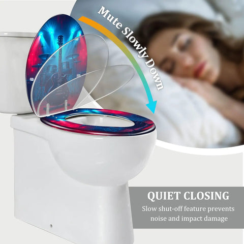 Elongated Toilet Seat Resin for Man Cave with guitar design, 14.5" x 18.5", featuring quiet closing mechanism.