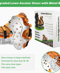 Lawn Aerator Shoes With Double Layer Spring Design And Aluminum Base For Effortless Yard Aeration No Mess On Your Shoes Great For Patio And Garden Sessions In Orange displayed in packaging with metal base visible