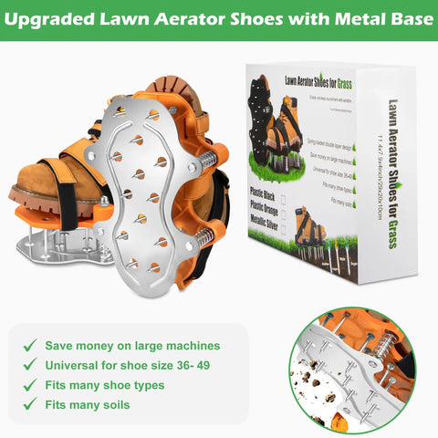 Lawn Aerator Shoes With Double Layer Spring Design And Aluminum Base For Effortless Yard Aeration No Mess On Your Shoes Great For Patio And Garden Sessions In Orange displayed in packaging with metal base visible