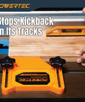Hardcore Woodworking Safety Set With Push Block L Shape Push Stick And Featherboards For Table Saw Router Jointer Band Saw; orange featherboard in use.