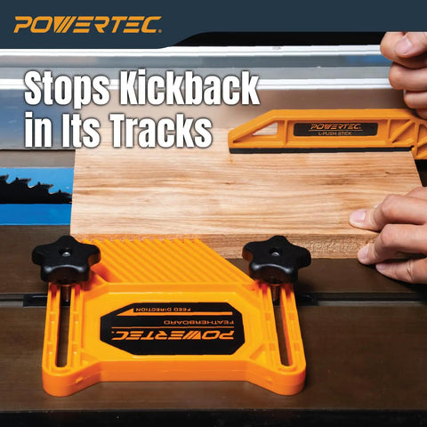 Hardcore Woodworking Safety Set With Push Block L Shape Push Stick And Featherboards For Table Saw Router Jointer Band Saw; orange featherboard in use.